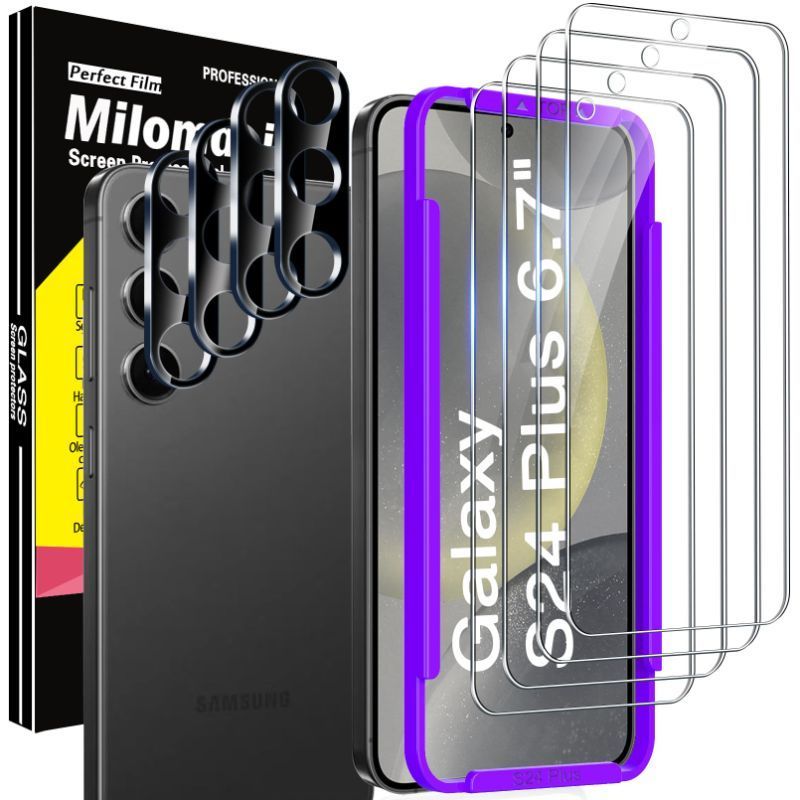 Photo 1 of ** BUNDLE OF 3** Milomdoi 4 Pack Screen Protector for Samsung Galaxy S24 Plus 6.7 Inch with 4 Pack Tempered Glass Camera Lens Protector, Ultra 9H Accessories, Case Friendly, Mounting Frame, 2.5D curved, transparent