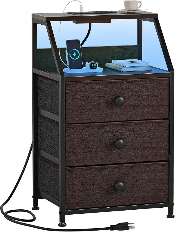 Photo 1 of (Similar to Stock Photo) REAHOME Nightstand with Charging Station and Led Light, Tall Brown Bedside Table with 3 Fabric Drawers and 2-Tier Storage Shelves, Modern Night Stands with Wooden Top for Bedroom - Dark Brown
