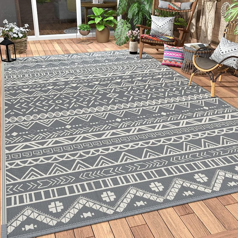 Photo 1 of (Similar to Stock Photo) Outdoor Rug Waterproof for Patio Clearance, Reversible Camping Mat, Outside Plastic Straw Area Rugs for Rv, Camper, Balcony, Backyard, Picnic, Deck, Grey&White
