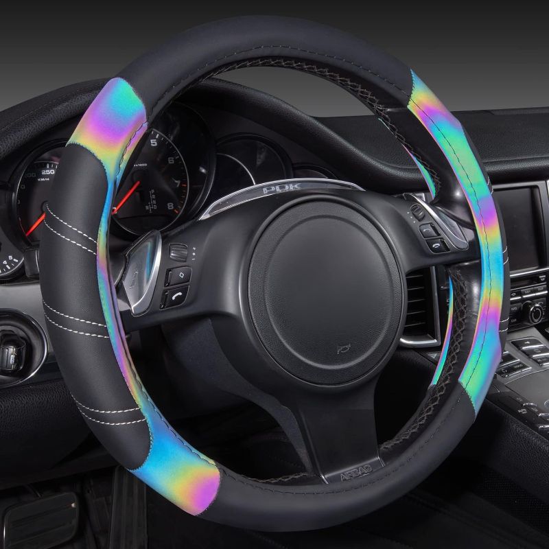 Photo 1 of (Similar to Stock Photo) CAR PASS Line Rider Microfiber Leather Sporty 14.5-15 inch Steering Wheel Cover Universal Fits for 95% Truck,SUV,Cars, Anti-Slip Safety Comfortable Design (Black Reflective)
