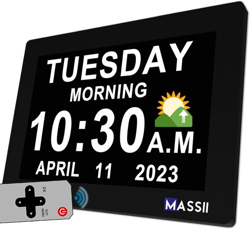 Photo 1 of ?2024 New? Digital Clock with Date and Week for Seniors, Non-Abbreviated Calendar Clock for Dementia, Auto DST, 20 Custom Reminders, Adjustable Brightness, Loud Alarms, Memory Function (7" BLACK)