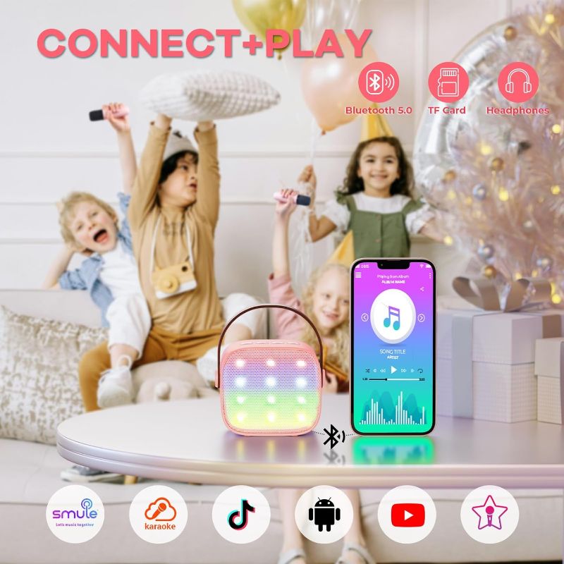 Photo 4 of (READ FULL POST) Mini Karaoke Machine for Kids Adults, Portable Bluetooth Speaker with 2 Wireless Microphones,18 Pre-Loaded Songs Toys Birthday Gifts for Girls 4, 5, 6, 7, 8+ Years Old Toddler Teens (Lightpink)