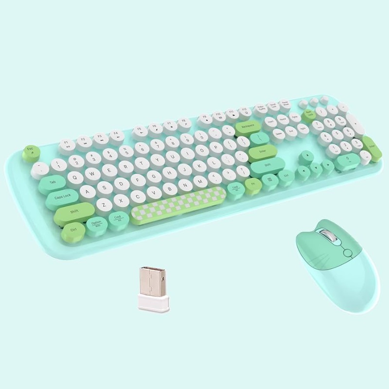 Photo 1 of 2.4G Full-Size Wireless Keyboard and Mouse Combo, 104 Keys Multi-Color Typewriter Style Round Keycap, Cute Candy Colors, Compatible with Notebook, PC (Green