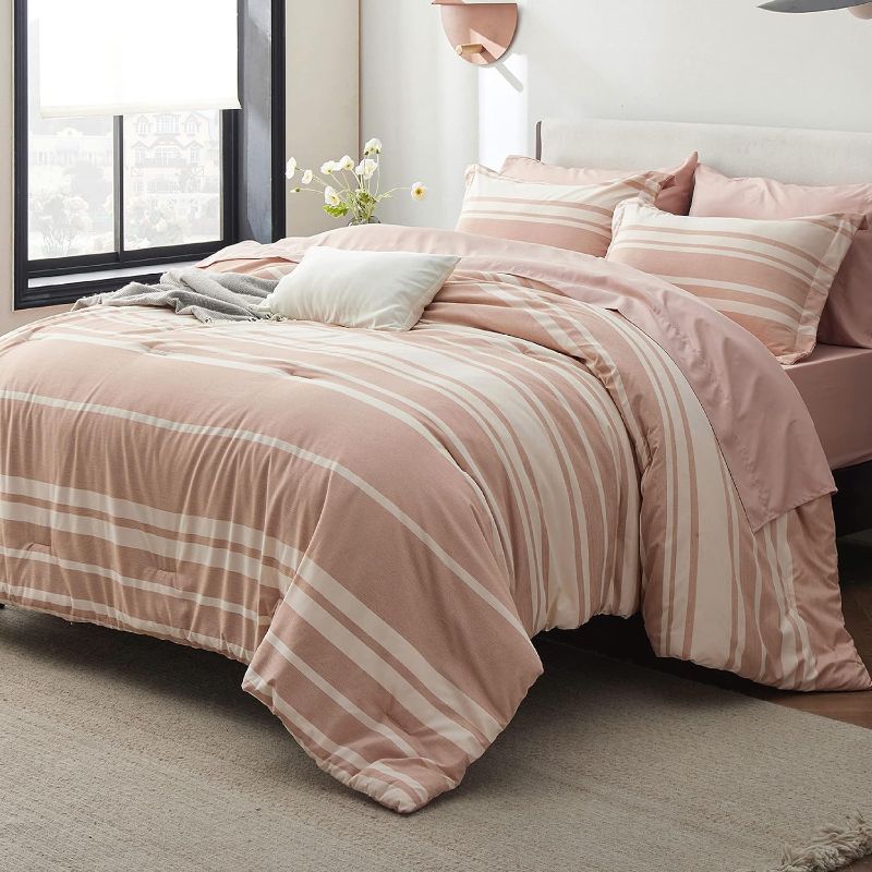 Photo 1 of  Bed in a Bag Queen 7 Pieces, Dusty Pink White Striped Bedding Comforter Sets All Season Bed Set, 2 Pillow Shams, Flat Sheet, Fitted Sheet and 2 Pillowcases