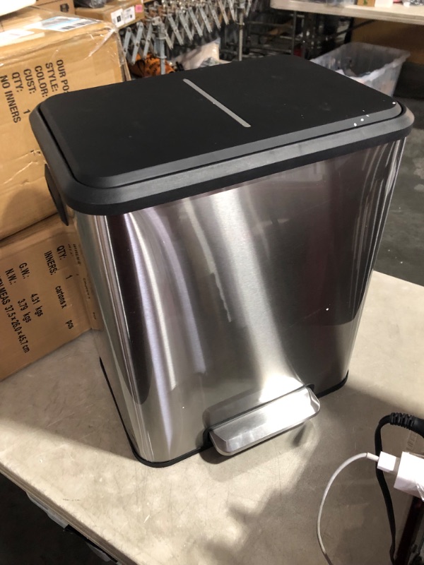 Photo 3 of ***DAMAGED - DENTED - DIRTY***
8 Gallon Kitchen Trash Can, Dual Removable Liners for Recycling and Trash, Stainless Steel