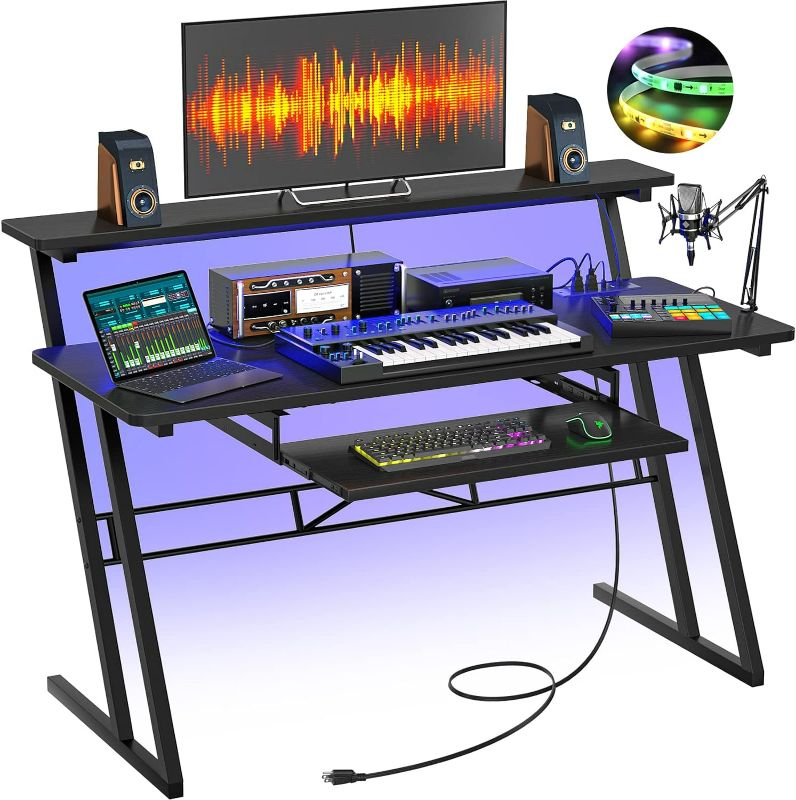 Photo 1 of (READ FULL POST) armocity Music Studio Desk with Power Outlets and RGB LED Lights, Music Production Desk for Recording, Studio Workstation Desk for Producer, Music Table for Studio, Black
