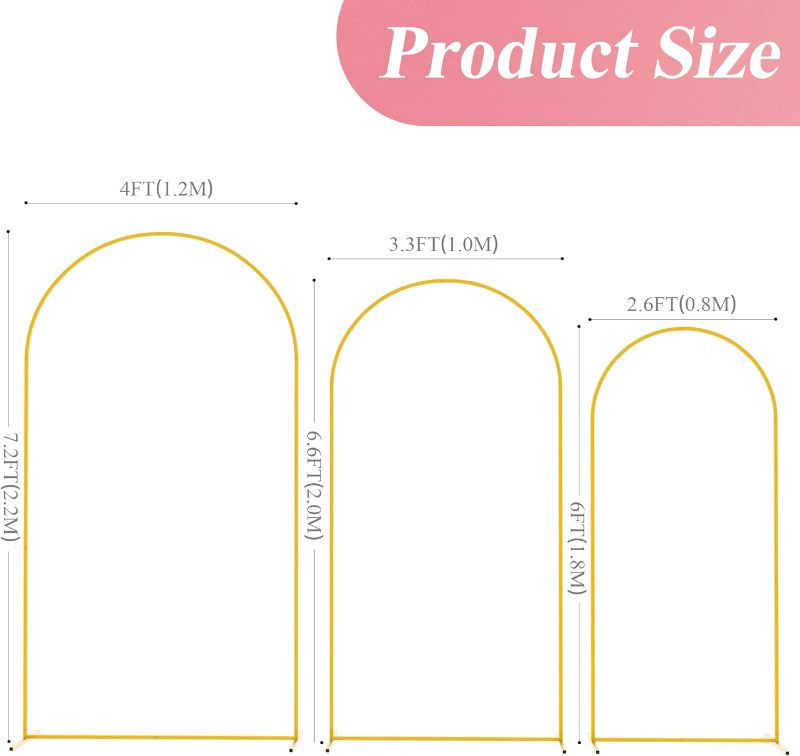 Photo 3 of (READ FULL POST) Fomcet Metal Arch Backdrop Stand Set of 3 Gold Wedding Arch Stand 7.2FT & 6.6FT & 6FT Arched Backdrop Frame for Birthday Party Baby Shower Graduation Ceremony Decoration 7.2FT, 6.6FT, 6FT Gold