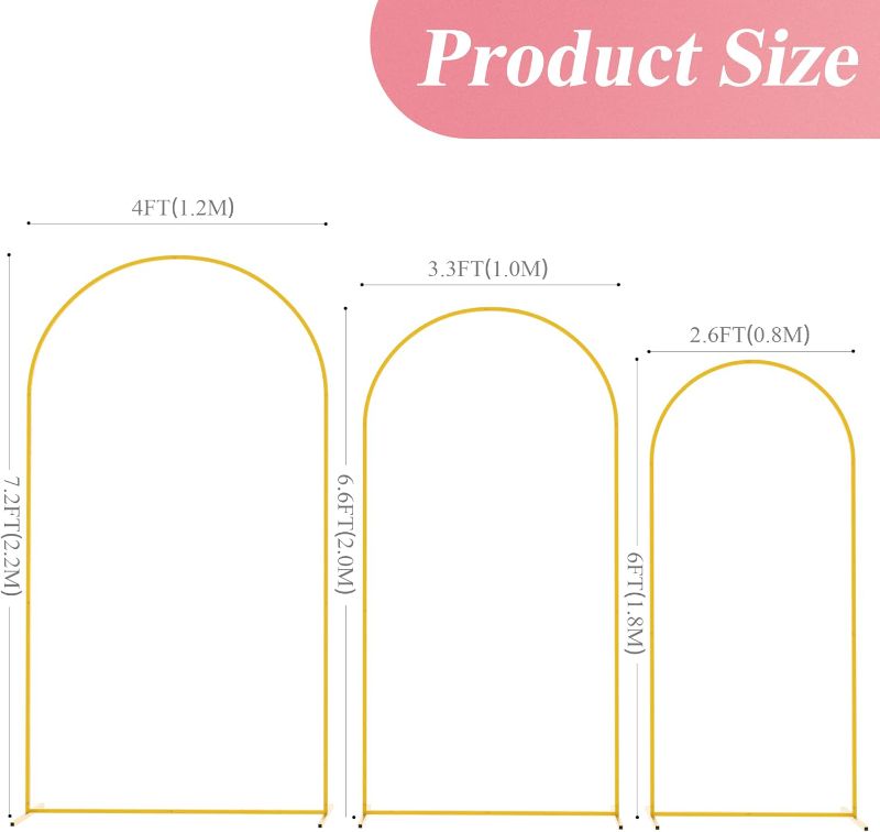 Photo 3 of Fomcet Metal Arch Backdrop Stand Set of 3 Gold Wedding Arch Stand 7.2FT & 6.6FT & 6FT Arched Backdrop Frame for Birthday Party Baby Shower Graduation Ceremony Decoration 7.2FT, 6.6FT, 6FT Gold