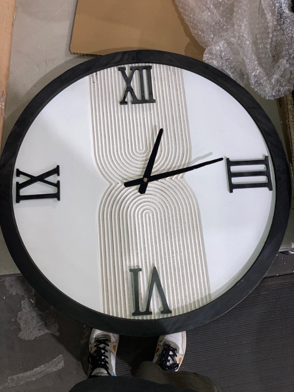 Photo 3 of (READ FULL POST) The Novogratz Wood Geometric Art Deco Inspired Line Art Wall Clock with Black Accents, 30" x 2" x 31", White