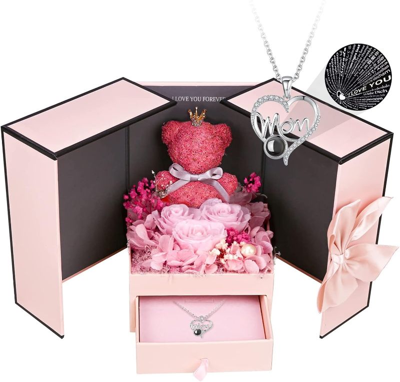 Photo 1 of Valentine's Day Gifts for Her - Preserved Real Rose, Pink Moss Bear, 