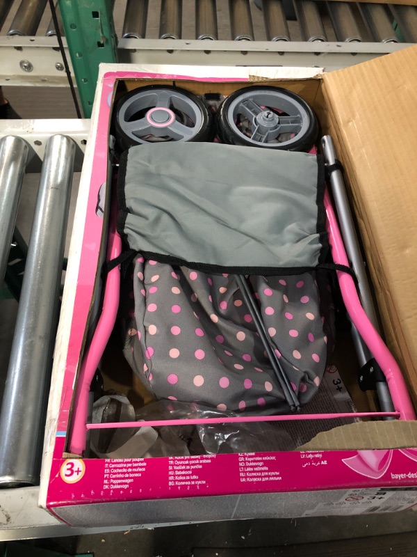 Photo 2 of Bayer Design Dolls: Pram Cosy: Fairy Poka Dot Grey Pink - Includes Blanket+Pillow+Handbag, for Dolls Up to 18", Ages 3+, Large