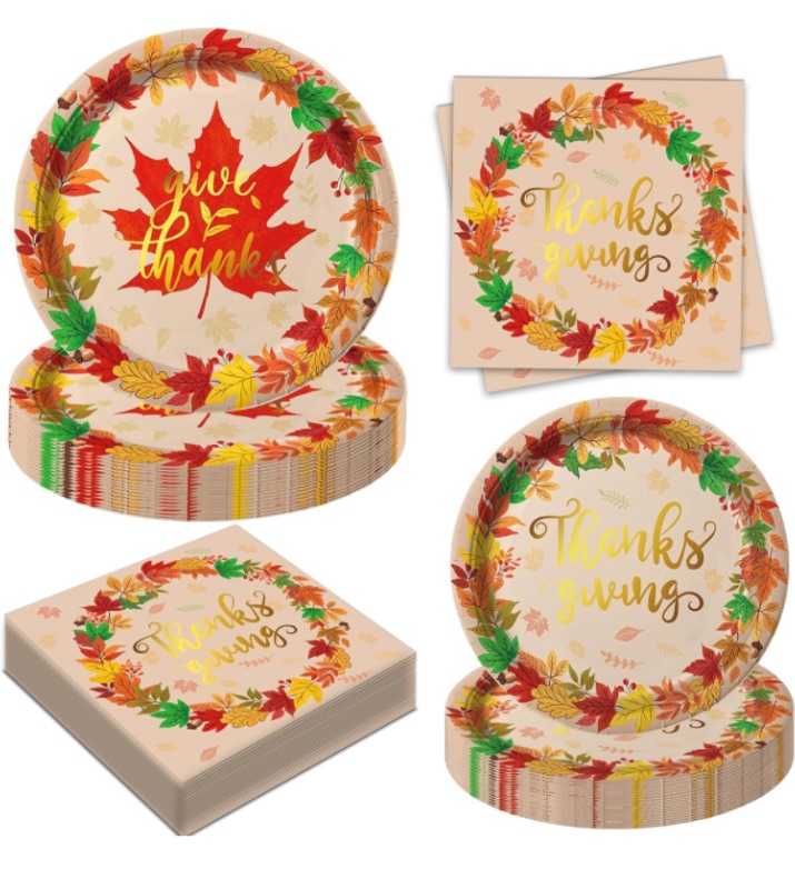 Photo 1 of Oigco Thanksgiving Paper Plates Kit Serves 48 Thanksgiving Disposable Dinnerware Set Includes Dinner Plates,