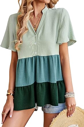 Photo 1 of *STOCK PIC FOR REFERENCE*KAYWIDE Women's Summer Casual V Neck Tops Loose Tunic Short Sleeve Shirt Solid Color Splicing