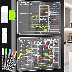 Photo 1 of Haberiya Magnetic Acrylic Calendar for Fridge, 2pcs Clear Dry Erase Board for Refrigerator, Unique Layout Monthly Weekly Calender Menu Planning Boards with 6 Strong Magnet/6 Markers (15.75x12 Inches)