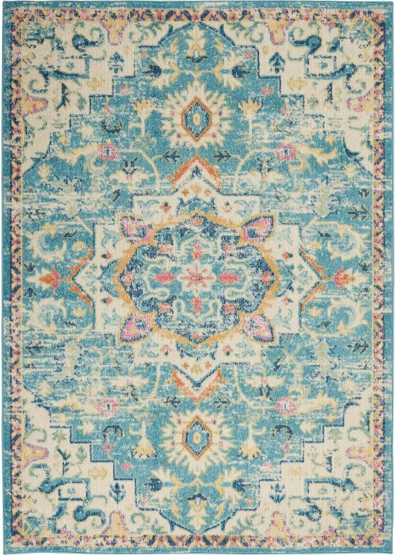 Photo 1 of (NON-REFUNDABLE) Nourison Passion Ivory/Light Blue 5'3" x 7'3" Area Rug, Boho, Moroccan, Bed Room, Living Room, Dining Room, Kitchen, Easy Cleaning, Non Shedding, (5' x 7')
