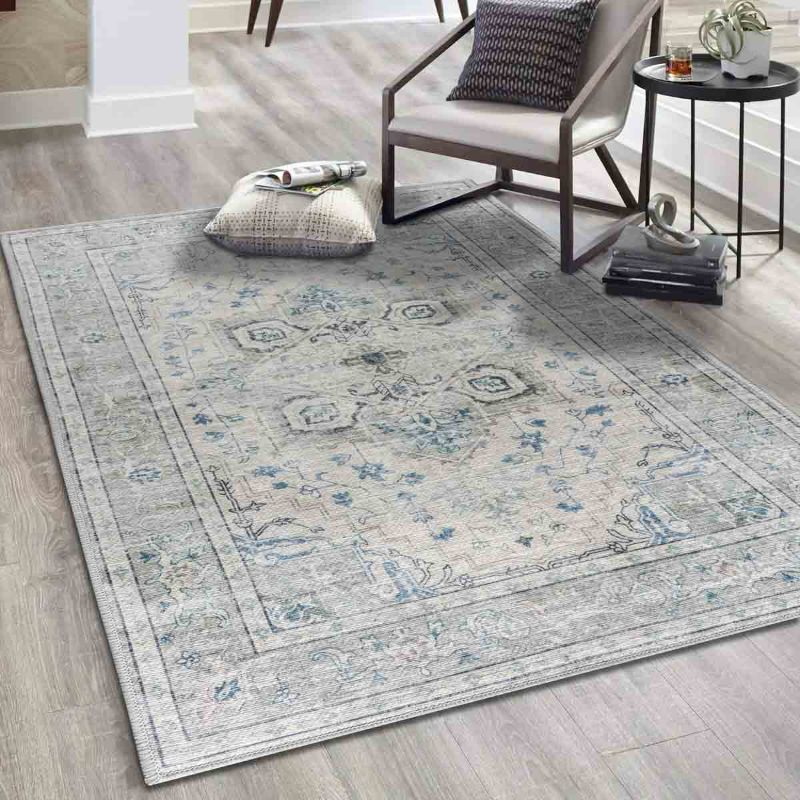 Photo 1 of ***USED - DIRTY - NO PACKAGING***
Vernal Peoria Machine washable, Non Shedding, Non Slip Area Rug for Living Room, Bedroom, Dining Room, Hallway, Kitchen, Pet Friendly, Grey/Blue /Cream, 5' X 7' Feet