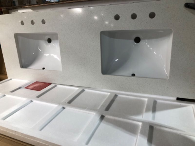Photo 4 of allen + roth Meridian 61-in White/Polished Engineered Marble Undermount Double Sink 3-Hole Bathroom Vanity Top