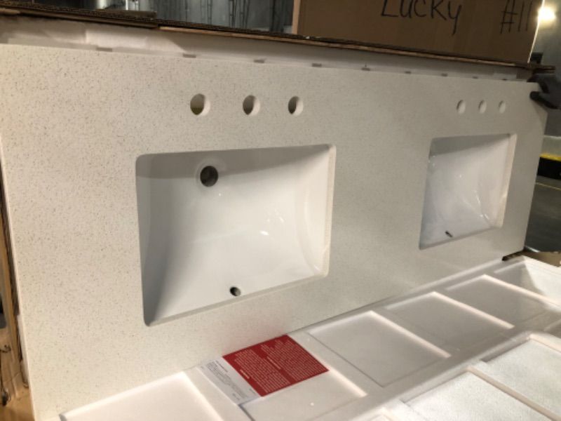 Photo 1 of allen + roth Meridian 61-in White/Polished Engineered Marble Undermount Double Sink 3-Hole Bathroom Vanity Top
