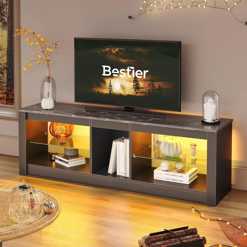 Photo 1 of (READ FULL POST) Bestier Entertainment Center LED Gaming TV Stand for 55+ Inch TV Adjustable Glass Shelves 22 Dynamic RGB Modes TV Cabinet Game Console PS4, Black Marble
