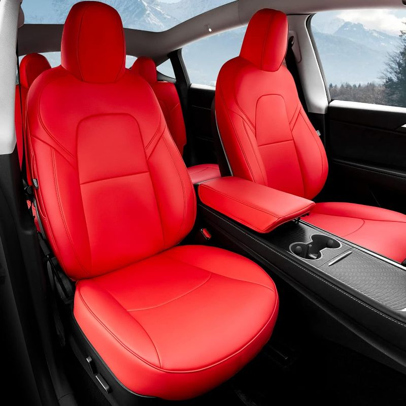 Photo 1 of LOZUZ Seat Covers for Tesla Model 3 Seat Covers 2023-2017 Car Interior Seat Cover Model 3 Red Nappa Leather Car Seat Accessories(Red Nappa-Full Set)
