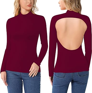 Photo 1 of HERLOLLYCHIPS Womens Tops Long Sleeve Mock Neck Backless Fitted Sexy Shirts Tee T-Shirts Tshirts L
