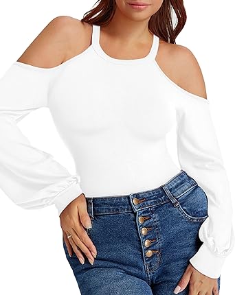 Photo 1 of HERLOLLYCHIPS Womens Puff Long Sleeve Tops Cold Shoulder Fitted Ribbed Shirts