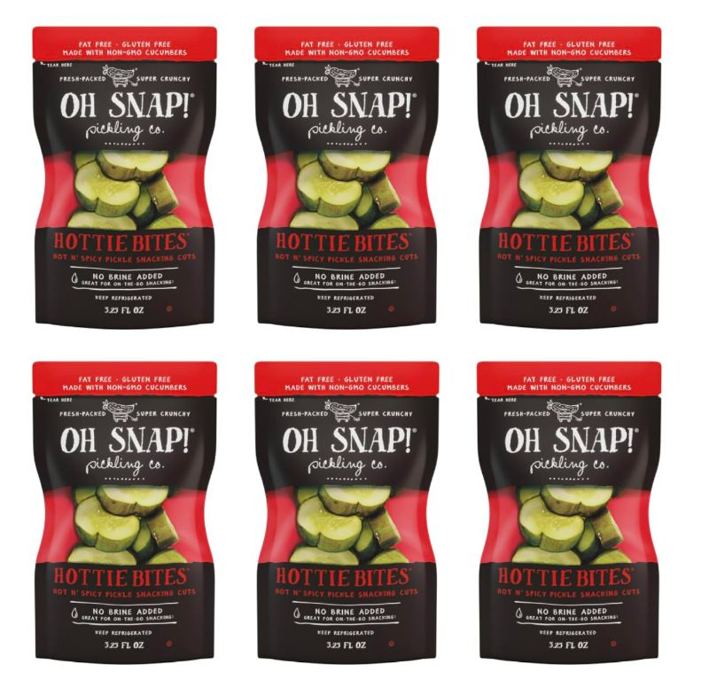 Photo 1 of *****BEST BY 7/1/24 NON REFUNDABLE*****
Oh Snap! Fresh Pickle Hottie Bites 6 Pack 3.25 oz bags w/Exit 28 Bargains Sticker