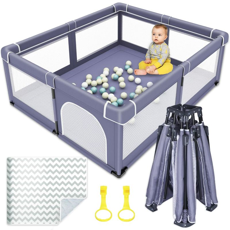 Photo 1 of (READ FULL POST) Foldable Baby Playpen with Mat, Foldable Playpen for Babies and Toddlers, Folding Baby Activity Center, Portable Play Yard with 2 Handlers + Suitable Size Mat(Grey, 50x50 inches)
