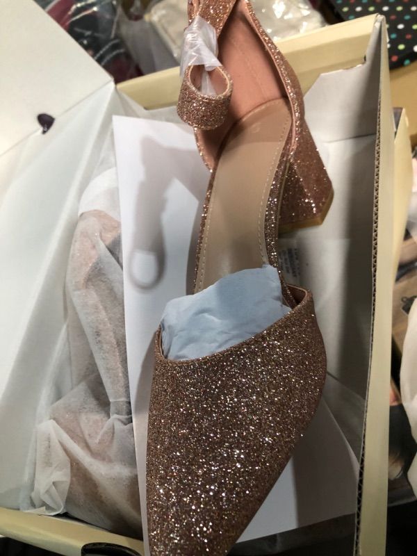 Photo 1 of *COLOR DIFFERENT* ROSE GOLD GLITTER WOMENS POINTED TOE CHUNKY HEEL PUMP W/STRAP 5.5