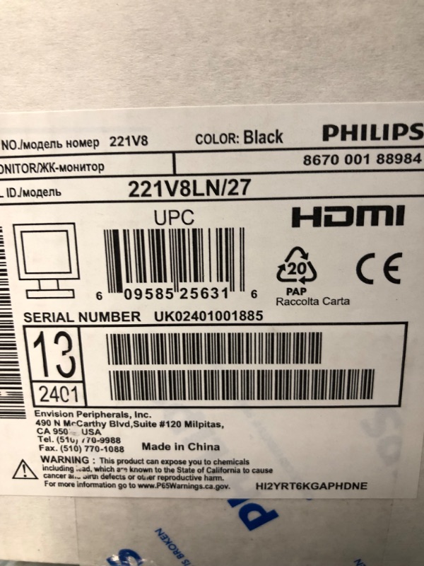 Photo 2 of PHILIPS Computer Monitors 22 inch Class Thin Full HD (1920 x 1080) 75Hz Monitor, VESA, HDMI & VGA Port, 4 Year Advance Replacement Warranty, 221V8LN 22" Class Full HD | VA | 75Hz