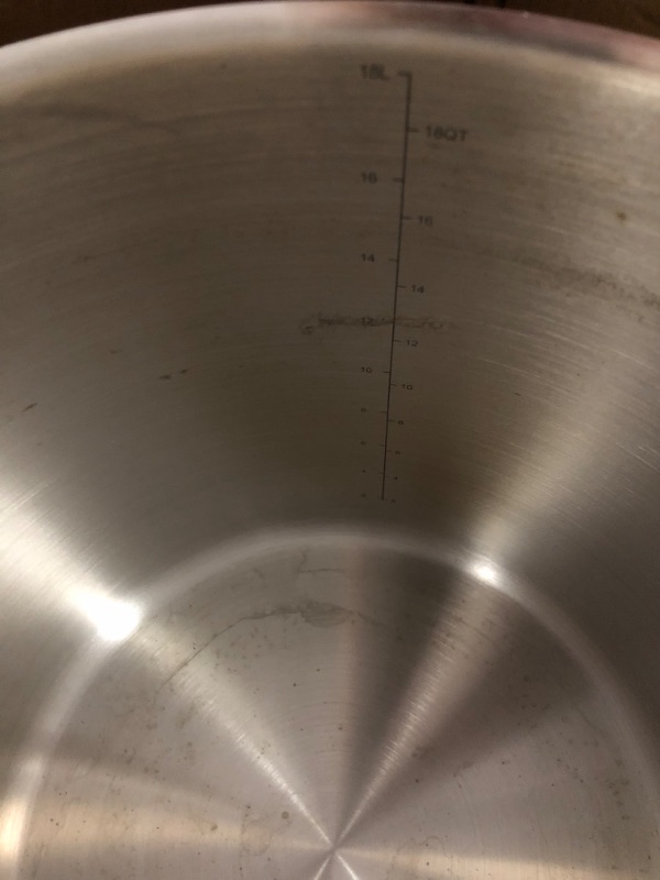 Photo 3 of ***MINOR DAMAGE**SMALL DENT NEAR BOTTOM**DIRTY***
Stockpot – 20 Quart – Brushed Stainless Steel – Heavy Duty Induction Pot with Lid and Riveted Handles by BAKKEN