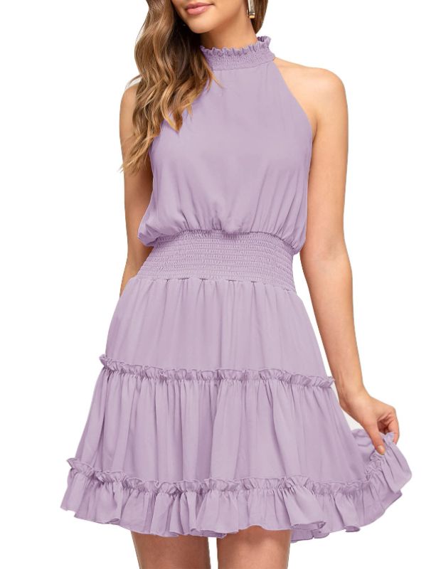 Photo 1 of MEROKEETY Women's Summer Casual Halter Neck A Line Dress Sleeveless Light Purple Small