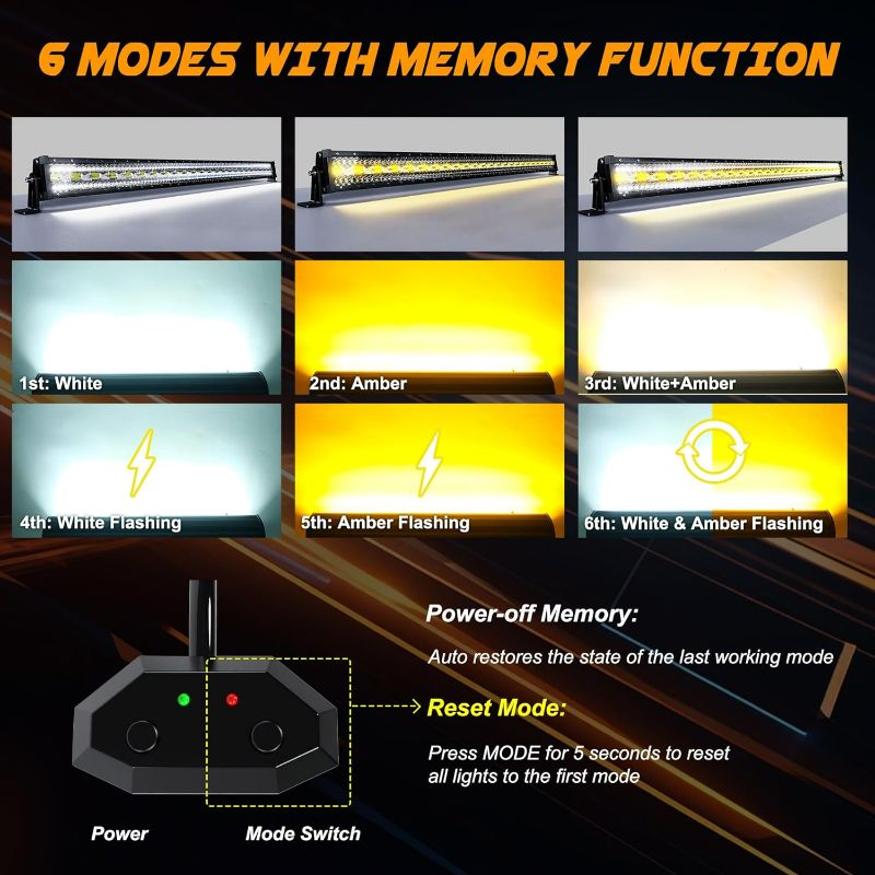 Photo 3 of (READ FULL POST) ASLONG 52 Inch 300W LED Light Bar White/Amber Flasing Strobe with Six Modes Spot Flood Offroad Driving Light with Upper Windshield Mounting Brackets Wiring Harness Switch for Wrangler JK 2007-2018 52 Inch + JK Upper Windshield Mounting Br