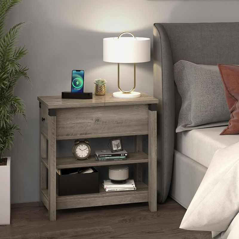 Photo 5 of (READ FULL POST) End Table with Charging Station, Narrow Side Table with USB Ports and Sockets, Flip End Table with Storage Shelves, for Small Spaces, Bedrooms, Living Rooms, Washed Gray
