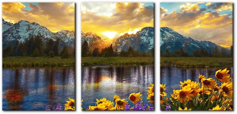 Photo 1 of 3 Pieces Mountain Canvas Wall Art for Living Room Nature Landscape Picture Sunflower Wall Decor for Bedroom Home Decoration Sunrise Grand Teton National Park Painting Framed Artwork - 16"x24"x3 Panels Wallart-12 16" x 24" x 3 Panels