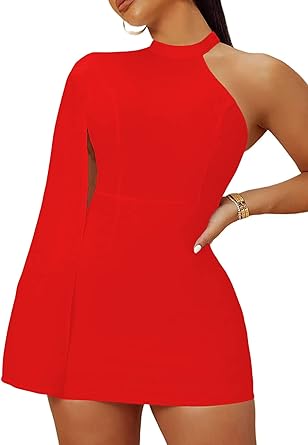 Photo 1 of LYANER Women's One Shoulder Cloak Long Sleeve Bodycon Sexy Party Club Mini Dress Large