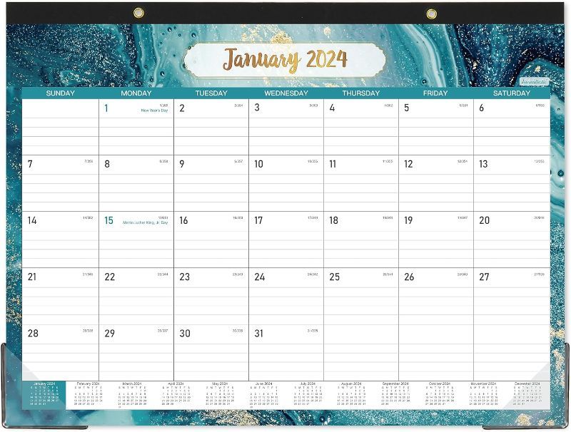 Photo 1 of 2024 Desk Calendar - Large Desk Calendar 2024, Jan. 2024 - Dec. 2024, 22" x 17", Thick Paper with Corner Protectors, Large Ruled Blocks & 2 Hanging Hooks - Multicolored Waterink