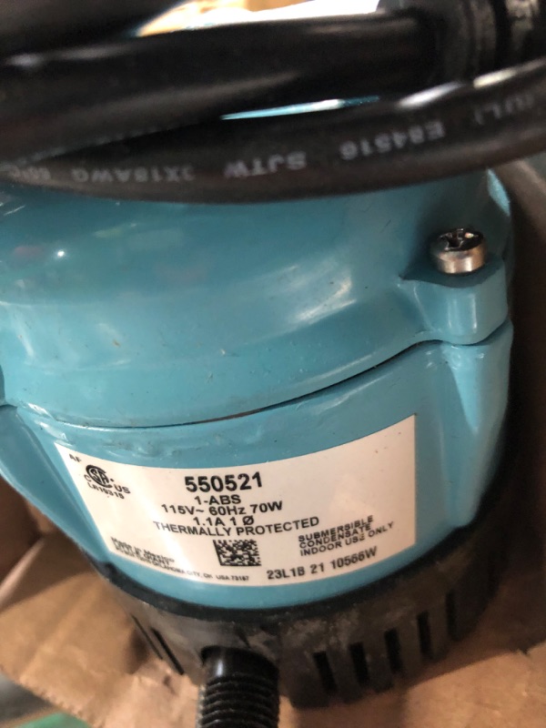 Photo 4 of Little Giant 550521, 1-ABS 115-Volt, 1/150 HP, 205 GPH Shallow Pan Condensate Removal Pump for portable air conditioners, dehumidifiers, Blue pump only