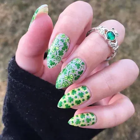 Photo 1 of **bundle of 3***24 Pcs Shamrock Press on Nails Medium Fake Nails Full Cover Green Leaf Glue on Nails Almond Shaped Acrylic False Nails with Designs for Women Girls St. Patrick’s Day Nail Decorations