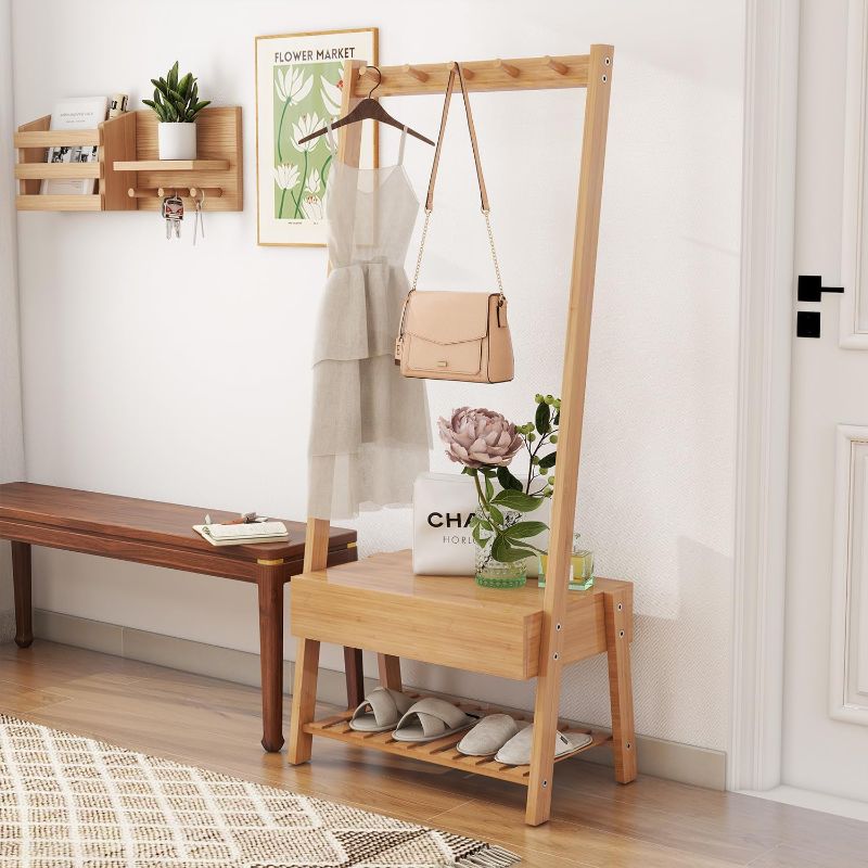 Photo 1 of ***USED - LIKELY MISSING PARTS - UNABLE TO VERIFY FUNCTIONALITY***
Wonder Comfort Bamboo Coat Rack Stand Freestanding with Drawer/Shoe Storage/Bench for Bedroom Office Entryway, Nature