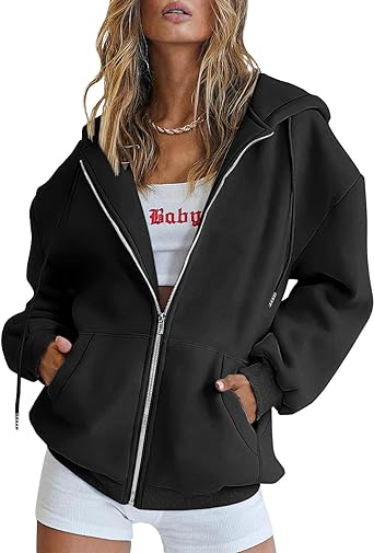 Photo 1 of ATHMILE Womens Zip Up Y2K Hoodies Long Sleeve Fall Oversized Casual Sweatshirts Jacket with Pocket - Black - Medium