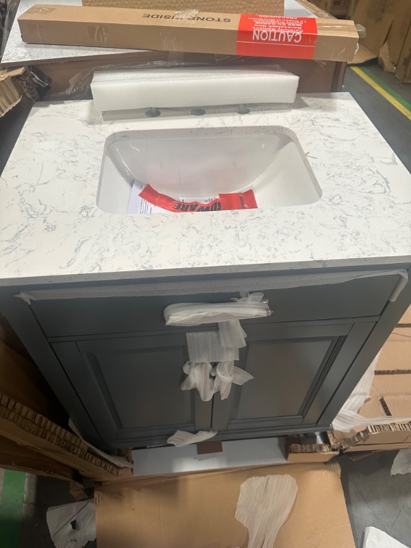 Photo 2 of (good condition)(see images for damage)  allen + roth Brookview 30-in Slate Blue Undermount Single Sink Bathroom Vanity with Carrara Engineered Marble Top