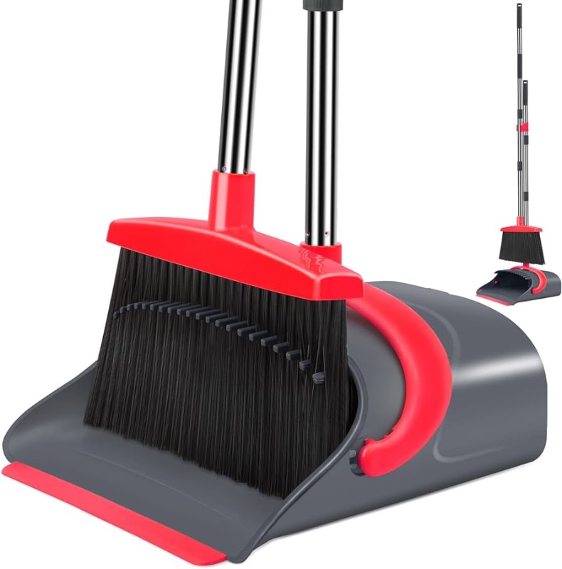 Photo 1 of Broom with Dustpan Combo Set, Broom with Dust pan Set, Long Handle Broom and Dustpan Set for Home Kitchen Room Office Lobby Indoor Floor Cleaning, Upgrade Dust pan and Broom Set(Gray Red)