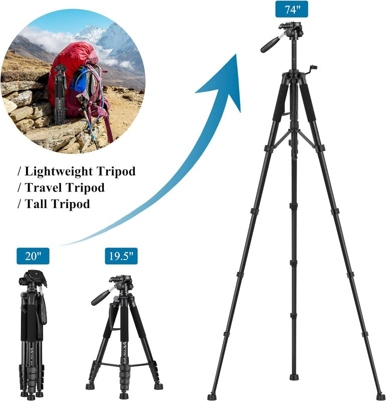 Photo 3 of (READ FULL POST) VICTIV 74” Camera Tripod, Tripod for Camera and Phone, Aluminum Heavy Duty Tripod Stand for Canon Nikon with Carry Bag and Phone Holder, Compatible with DSLR, iPhone, Spotting Scopes, Max Load 15 Lb
