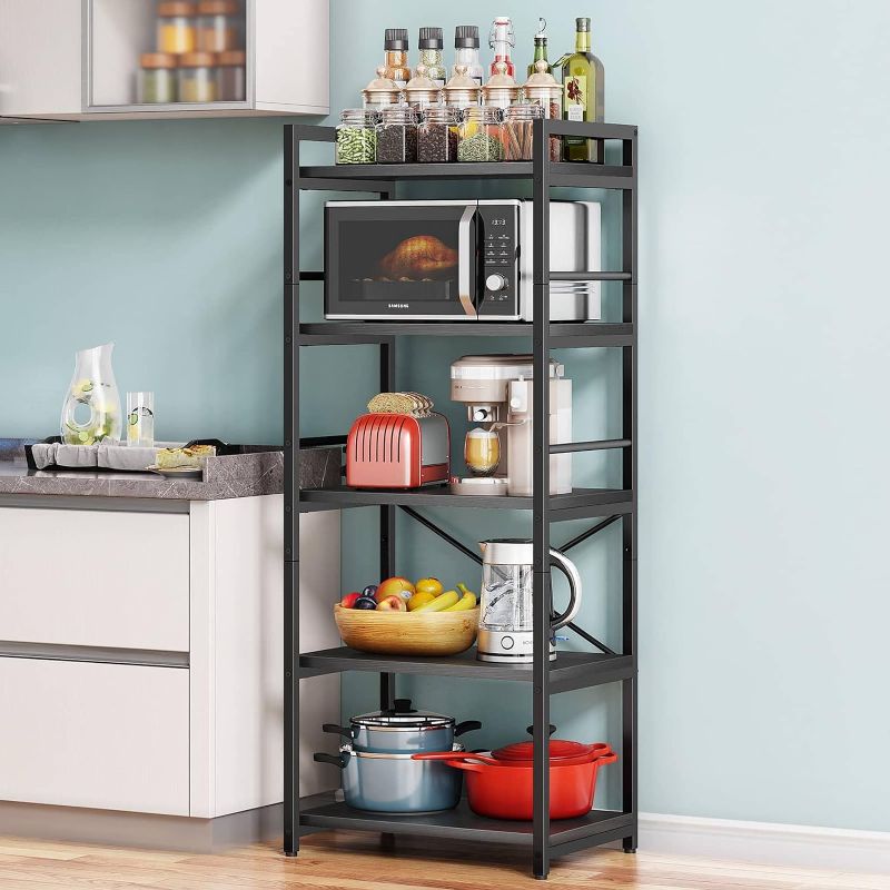 Photo 1 of (Similar to Stock Photo) Denkee 5-Tier Bakers Rack for Kitchen with Storage, Industrial Microwave Stand Oven Shelf, Free Standing Kitchen Stand Storage Shelf (23.62 L x 15.75 W x 60.24 H, Black)