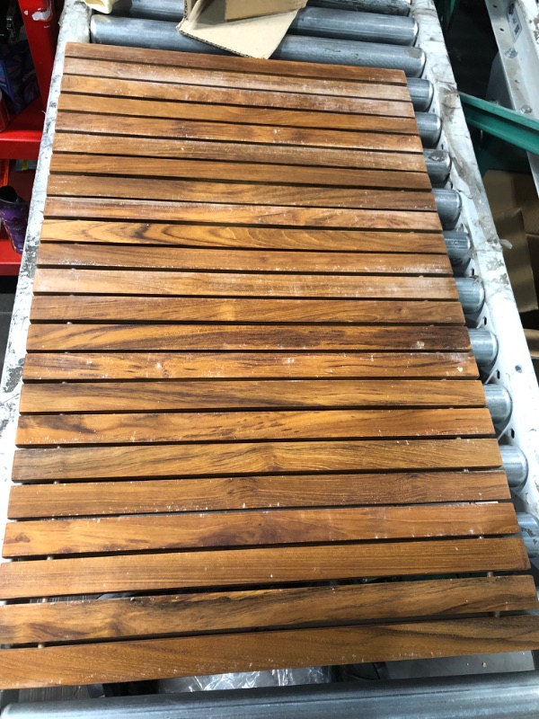 Photo 1 of (MINOR DAMAGE) Nordic Style Teak Shower and Bath String Mat - Indoor and Outdoor Use - Non-Slip Wooden Platform for Sauna, Pool, Hot Tub Flooring Decor and Protector (31.4 x 19.6, Oiled Finish) 31.4 x 19.6 Oiled Finish