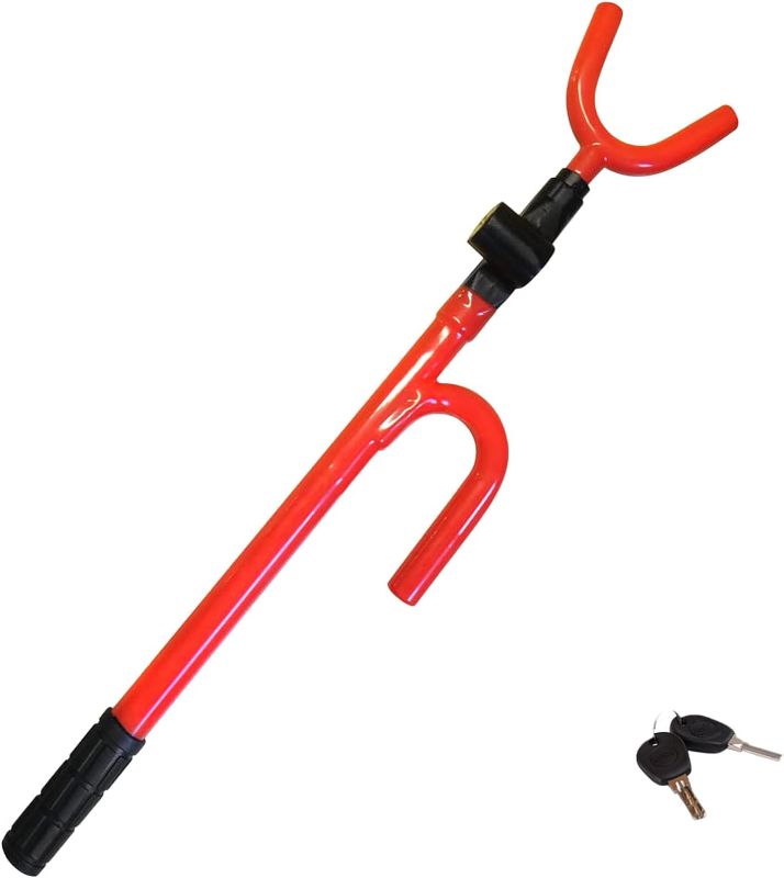 Photo 1 of (SIMILAR TO STOCK PHOTO, SEE NOTES) Steering Wheel Lock Anti-Theft Car Device Universal Car Security Lock with Adjustable Length Locking Theft Prevention Car Lock with Double Hooks Fit for Car,SUV,Pickup Van (RED)
