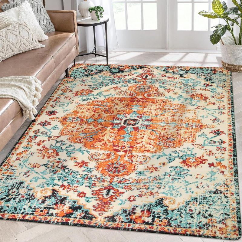 Photo 1 of (SIMILAR TO STOCK PHOTO) Lahome Living Room Rugs 8x10, Washable Large Bedroom Rug Soft Dining Room Rugs for Under Table, Boho Vintage Non Slip Low Pile Printed Accent Nursery Area Rug for Playroom Home Office, Orange 8' x 10' Orange/Multi