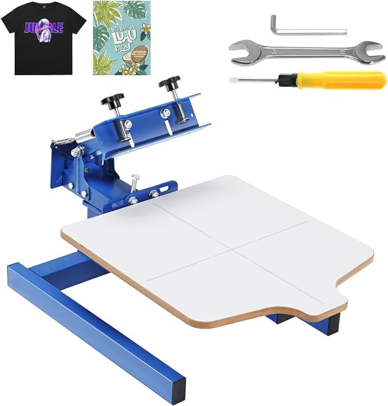 Photo 1 of (READ FULL POST) VEVOR Screen Printing Machine, 1 Color 1 Station Silk Screen Printing Press, 21.2x17.7in Screen Printing Press, Double-layer Positioning Pallet, Adjustable Tension for T-shirt DIY Printing
