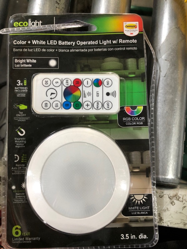 Photo 2 of Ecolight 3.5in Battery-Operated LED Puck Light - White, RGB and 400K White, Magnetic, Tap on/Off, auto Timer with IR Remote